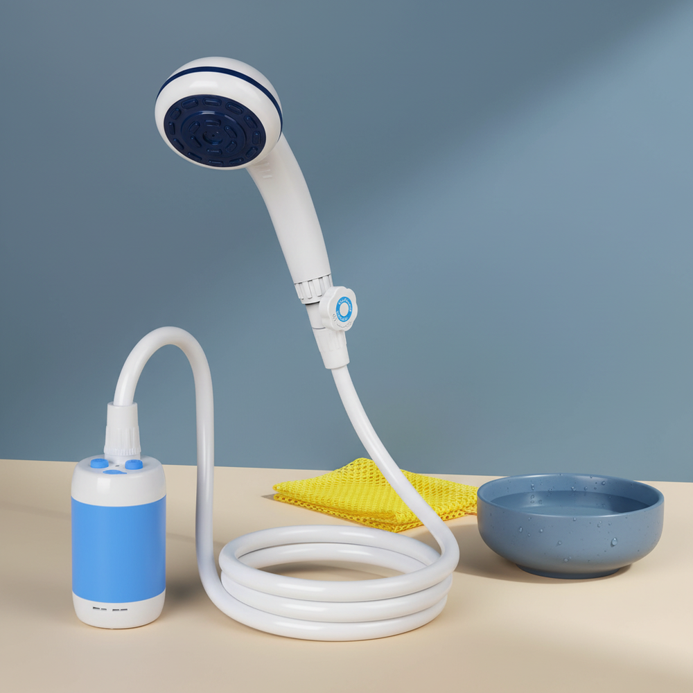 Portable Rechargeable Camp Pet Shower with hose and nozzle on a clean white to gradient background.